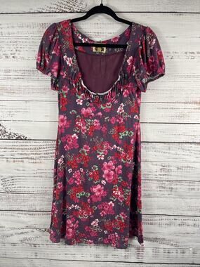 Free People Dress Women's Large Purple Floral Puff Sleeve Boho Scoop Neck Casual